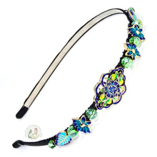 Load image into Gallery viewer, cloisonné style enameled beads and light green colored sparkly Austrian crystal beads embellished flexible headband