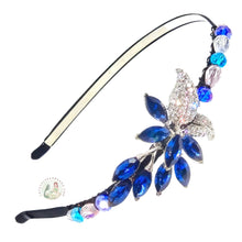 Load image into Gallery viewer, flexible headband embellished with white and blue crystal cluster centerpiece and Austrian crystal beads, Crystal Cluster Headband