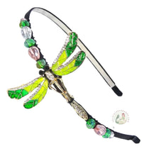 Load image into Gallery viewer, big green dragonfly embellished flexible headband, accented with sparkly crystal beads, Emerald Dragonfly Headband