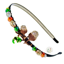 Load image into Gallery viewer, flexible headband embellished with enameled acorn and accented with Austrian crystal beads, Enameled Acorn Headband