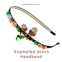 Load image into Gallery viewer, flexible headband embellished with enameled acorn and Austrian crystal beads, Enameled Acorn Headband