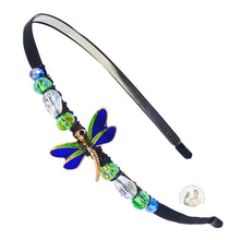 Load image into Gallery viewer, flexible headband embellished with enameled blue dragonrfly centerpiece, accented with colorful sparkly crystal beads, Enameled Dragonfly Headband