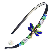 Load image into Gallery viewer, no-pinch headband embellished with enameled blue dragonrfly centerpiece, accented with colorful sparkly Austrian crystal beads