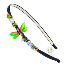 Load image into Gallery viewer, flexible headband embellished with enameled green dragonrfly centerpiece, accented with colorful sparkly crystal beads, Enameled Dragonfly Headband