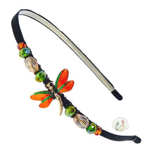 Load image into Gallery viewer, flexible headband embellished with enameled orange dragonrfly centerpiece, accented with colorful sparkly crystal beads, Enameled Dragonfly Headband