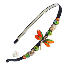 Load image into Gallery viewer, no-pinch headband embellished with enameled orange dragonrfly centerpiece, accented with colorful sparkly Austrian crystal beads, Enameled Dragonfly Headband