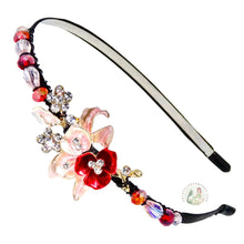 Load image into Gallery viewer, enameled red flower embellished flexible headband accented with Austrian crystal beads, Enameled Flower Headband