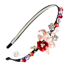 Load image into Gallery viewer, enameled red flower embellished flexible headband accented with Austrian crystal beads, Enameled Flower Headband