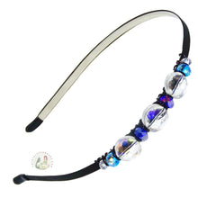 Load image into Gallery viewer, flexible headband embellished with clear flat crystal beads, accented with blue crystal beads, Fancy Crystal Beads Headband