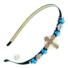 Load image into Gallery viewer, Comfortable headband with aqua beads and a cross centerpiece on a white background