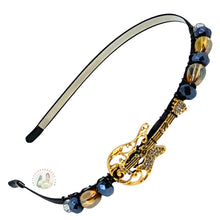 Load image into Gallery viewer, Decorative headband with gold guitar accent and beads on a white background