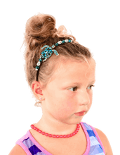 Load image into Gallery viewer, teal crystal turtle embellished flexible headband, accented with Austrian crystal beads with hair in a bun, Teal Crystal Turtle Headband