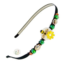 Load image into Gallery viewer, enameled honey bee and yellow daisy embellished flexible headband, accented with sparkly crystal beads, Honey Bee Headband