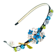 Load image into Gallery viewer, Decorative headband with blue floral and crystal design on a white background