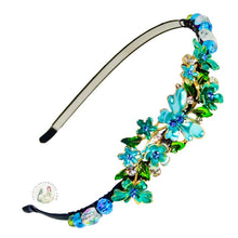 Load image into Gallery viewer, jeweled aqua butterfly decorated flexible headband, accented with iridescent Bohemian crystal beads, Jeweled Butterfly Headband
