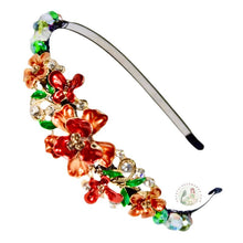 Load image into Gallery viewer, sparkly jeweled orange camellia embellished flexible headband, accented with iridescent Bohemian crystal beads, Jeweled Camellia Headband