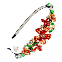 Load image into Gallery viewer, sparkly jeweled orange camellia decorated flexible headband, accented with iridescent Bohemian crystal beads, Jeweled Camellia Headband