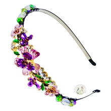 Load image into Gallery viewer, sparkly jeweled purple camellia embellished flexible headband, accented with iridescent Bohemian crystal beads, Jeweled Camellia Headband