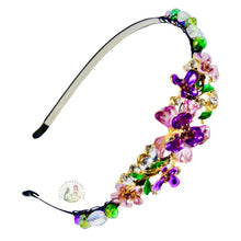 Load image into Gallery viewer, sparkly jeweled purple camellia decorated flexible headband, accented with iridescent Bohemian crystal beads, Jeweled Camellia Headband