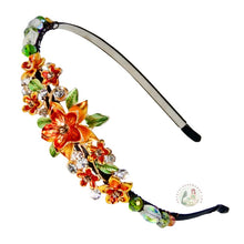Load image into Gallery viewer, sparkly jeweled orange dahlia embellished flexible headband, accented with iridescent Bohemian crystal beads, Jeweled Dahlia Headband