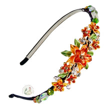 Load image into Gallery viewer, sparkly jeweled orange dahlia decorated flexible headband, accented with iridescent Bohemian crystal beads, Jeweled Dahlia Headband