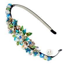 Load image into Gallery viewer, sparkly jeweled aqua dahlia embellished flexible headband, accented with iridescent Bohemian crystal beads, Jeweled Dahlia Headband