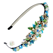 Load image into Gallery viewer, sparkly jeweled aqua dahlia decorated flexible headband, accented with iridescent Bohemian crystal beads, Jeweled Dahlia Headband