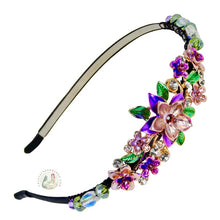 Load image into Gallery viewer, sparkly jeweled purple dahlia decorated flexible headband, accented with iridescent Bohemian crystal beads, Jeweled Dahlia Headband