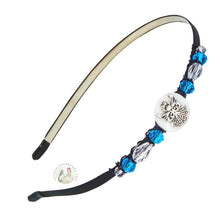 Load image into Gallery viewer, silver angel embellished flexible headband, accented with aqua and white Czech crystal beads, Little Angel Headband