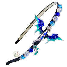 Load image into Gallery viewer, flexible headband side-embellished with an enameled blue dragon, decorated with sparkly crystal beads, Mythical Dragon Headband