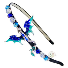 Load image into Gallery viewer, flexible headband embellished with an enameled blue dragon, decorated with crystal beads, Mythical Dragon Headband