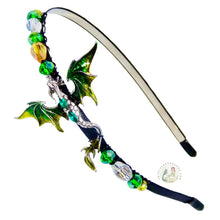 Load image into Gallery viewer, flexible headband side-embellished with an enameled blue dragon, decorated with sparkly crystal beads, Mythical Dragon Headband