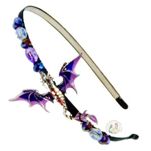 Load image into Gallery viewer, flexible headband side-embellished with an enameled blue dragon, decorated with sparkly crystal beads, Mythical Dragon Headband