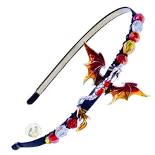 Load image into Gallery viewer, flexible headband side-embellished with an enameled blue dragon, decorated with sparkly crystal beads, Mythical Dragon Headband