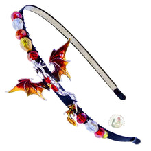 Load image into Gallery viewer, flexible headband embellished with an enameled red dragon, decorated with crystal beads, Mythical Dragon Headband