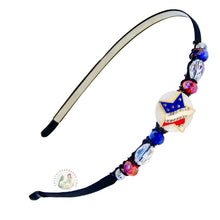 Load image into Gallery viewer, flexible headband embellished with patriotic star, American flag centerpiece, accented with red, white, blue crystal beads, Patriotic Star Headband