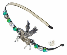 Load image into Gallery viewer, flexible headband embellished with sparkly mythic silver pegasus, decorated with crystal beads, Mythic Pegasus Headband