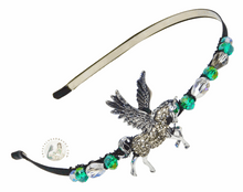 Load image into Gallery viewer, no-pain headband embellished with sparkly mythic silver pegasus, decorated with Austrian crystal beads, Mythic Pegasus Headband