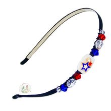 Load image into Gallery viewer, American flag, red, white and blue stars embellished flexible headband, accented with red, white, blue crystal beads, Red White Blue Stars Headband