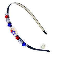 Load image into Gallery viewer, flexible headband embellished with patriotic stars, red, white and blue stars centerpiece, accented with red, white, blue crystal beads, Red White Blue Stars Headband