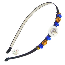 Load image into Gallery viewer, Czech crystals beaded flexible headband, embellished with a silver alligator sitting on a mother of pearl bead, Silver Gator Headband