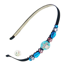 Load image into Gallery viewer, Czech crystals beaded flexible headband, embellished with a silver turtle sitting on a turquoise bead, Silver Turtle Headband