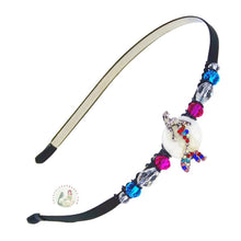 Load image into Gallery viewer, painless, no-pinch headband, side-embellished with sparkly colorful mermaid centerpiece, accented with fancy Czech crystal beads, Sparkly Mermaid Headband