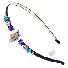 Load image into Gallery viewer, flexible headband side embellished with a silver owl centerpiece, accented with sparkly crystal beads, Sparkly Owl Headband