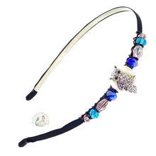 Load image into Gallery viewer, no-pinch headband side embellished with a silver owl centerpiece, accented with sparkly Austrian crystal beads, Sparkly Owl Headband