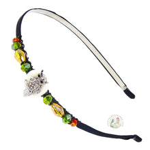Load image into Gallery viewer, flexible headband side embellished with a silver owl centerpiece, accented with fall colored sparkly crystal beads, Sparkly Owl Headband