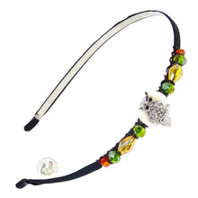 Load image into Gallery viewer, flexible headband side decorated with a silver owl centerpiece, accented with fall colored sparkly crystal beads, Sparkly Owl Headband