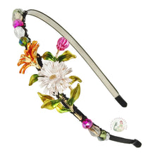 Load image into Gallery viewer, colorful spring flowers embellished flexible headband, decorated with sparkly crystal beads, Spring Flowers Headband