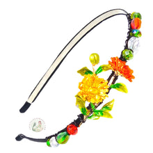 Load image into Gallery viewer, orange spring flowers embellished flexible headband, decorated with sparkly crystal beads, Spring Flowers Headband
