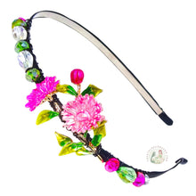 Load image into Gallery viewer, pink spring flowers embellished flexible headband, decorated with sparkly crystal beads, Spring Flowers Headband